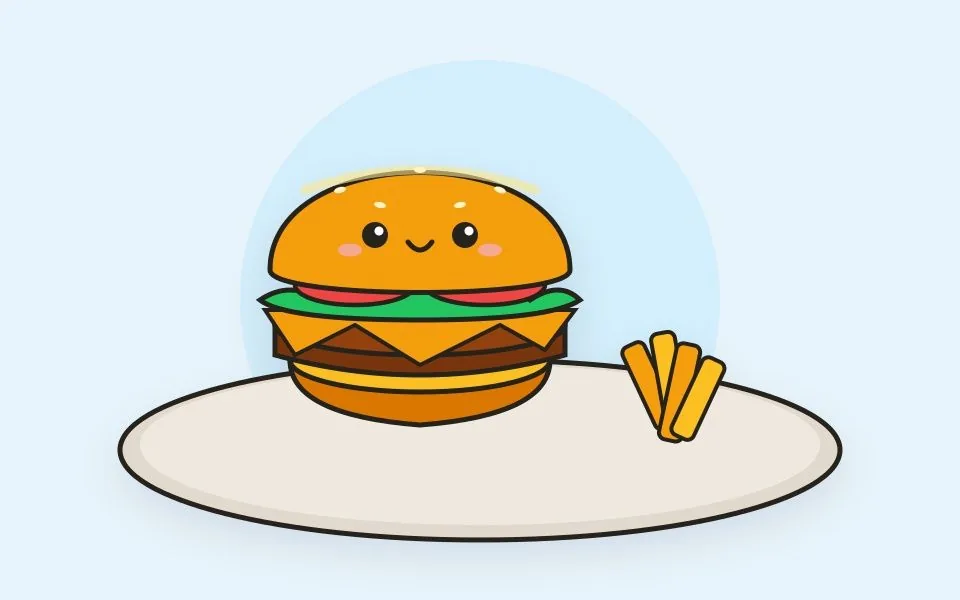 Illustration of juicy gourmet smash burger with cheese and wedges