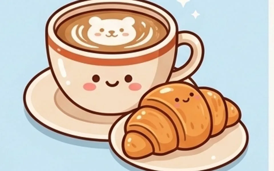 Illustration of artisan matcha croissant and fresh coffee