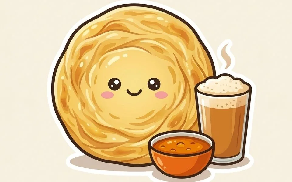 Illustration of crispy roti canai banjir with curry splash