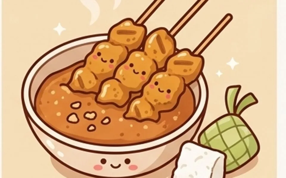 Illustration of flame-grilled chicken and beef satay skewers with peanut sauce
